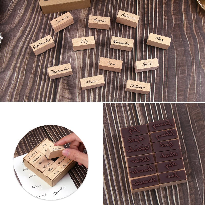 Dizdkizd 12-Piece Cute Month Rubber Stamps, Vintage Wooden Stamps in Small Size for Crafting, Scrapbooking, Journaling Supplies - Image 5